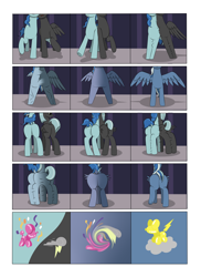 Size: 2904x4000 | Tagged: safe, artist:palibrik, imported from derpibooru, party favor, thunderlane, oc, oc:shocker streak, alicorn, pegasus, pony, unicorn, comic:securing a sentinel, alicorn oc, broken, butt, carousel boutique, comic, commissioner:bigonionbean, cutie mark, drunk, favorbutt, flank, forced, fused legs, fusion, fusion:party favor, fusion:shocker streak, fusion:thunderlane, high res, horn, magic, male, merge, merging, offscreen character, plot, ponyville, potion, sequence, shattered, shocked, shocked expression, stallion, surprised, thunderbutt, wings