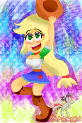 Size: 3000x4500 | Tagged: safe, artist:kamikiku, imported from derpibooru, applejack, equestria girls, equestria girls series, blushing, breasts, busty applejack, eyebrows, eyebrows visible through hair, open mouth, open smile, smiling, solo