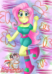 Size: 3150x4500 | Tagged: safe, artist:kamikiku, imported from derpibooru, fluttershy, equestria girls, equestria girls series, blushing, breasts, busty fluttershy, cleavage, eyebrows, eyebrows visible through hair, smiling, solo