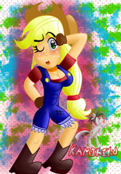 Size: 2100x3000 | Tagged: safe, artist:kamikiku, imported from derpibooru, applejack, equestria girls, equestria girls series, :o, blushing, breasts, busty applejack, cleavage, high res, one eye closed, open mouth, solo