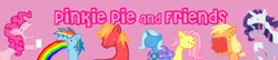 Size: 700x150 | Tagged: safe, artist:askpinkiepieandfriends, imported from derpibooru, applejack, big macintosh, fluttershy, pinkie pie, rainbow dash, rarity, trixie, twilight sparkle, earth pony, pegasus, pony, unicorn, apple, banner, food, gentlemen, mane six, pink background, puking rainbows, simple background, unicorn twilight, vomit, vomiting