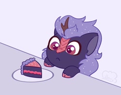 Size: 2048x1610 | Tagged: safe, artist:cloudberry_mess, imported from derpibooru, oc, oc only, oc:night glow, kirin, :<, cake, chibi, cute, ear fluff, eyes on the prize, female, food, hooves on the table, kirin oc, looking at something, ocbetes, simple background, solo, white background