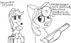 Size: 1280x769 | Tagged: safe, artist:ewoudcponies, imported from derpibooru, apple bloom, applejack, earth pony, pony, black and white, female, filly, grayscale, gun, injured, inktober, inktober 2019, mare, monochrome, shotgun, text, traditional art, weapon