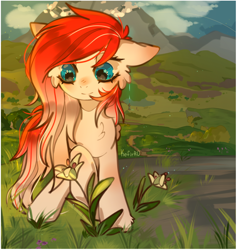 Size: 944x997 | Tagged: safe, artist:kefirro7, imported from derpibooru, oc, oc only, oc:making amends, earth pony, pegasus, pony, cheek fluff, commission, cute, flower, mountain, mountain range, scenery, solo, ych result