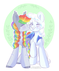 Size: 725x871 | Tagged: safe, artist:hellishprogrammer, artist:maximkoshe4ka, imported from derpibooru, oc, oc only, bat pony, earth pony, pony, fangs, female, freckles, mare, multicolored hair, nuzzling, rainbow hair