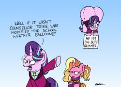Size: 2812x2025 | Tagged: safe, artist:bobthedalek, imported from derpibooru, luster dawn, starlight glimmer, pony, unicorn, angry, balloon, bart's comet, big butt skinner, butt, clothes, daughters gonna daughter, female, funny, funny as hell, glimmer glutes, headmare starlight, implied trixie, luster dawn is starlight's and sunburst's daughter, mare, mother and child, mother and daughter, older, older starlight glimmer, plot, prank, sign, simpsons did it, smug, starlight is not amused, sweater, the simpsons, this will end in detention, this will end in gulag, unamused, weather balloon