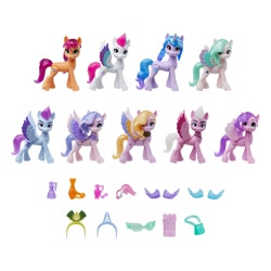 Size: 2000x2000 | Tagged: safe, imported from derpibooru, izzy moonbow, pipp petals, queen haven, sunny starscout, zipp storm, earth pony, pegasus, pony, unicorn, dazzle feather, female, g5, high res, mare, my little pony: a new generation, official, ruddy sparks, shutter snap, simple background, toy, white background, zoom zephyrwing