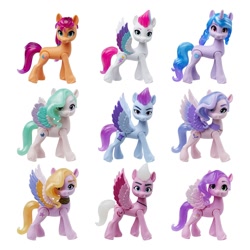 Size: 2000x2000 | Tagged: safe, imported from derpibooru, izzy moonbow, pipp petals, queen haven, sunny starscout, zipp storm, earth pony, pegasus, pony, unicorn, dazzle feather, female, g5, high res, mare, my little pony: a new generation, official, ruddy sparks, shutter snap, simple background, toy, white background, zoom zephyrwing