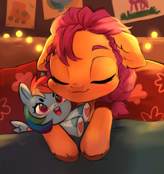 Size: 2196x2330 | Tagged: safe, artist:sofiko-ko, imported from derpibooru, rainbow dash, sunny starscout, earth pony, pony, bed, braid, cute, dashabetes, eyes closed, female, filly, filly sunny starscout, floppy ears, g5, high res, light, plushie, rainbow dash plushie, sleeping, solo, sunnybetes, toy, unshorn fetlocks, younger