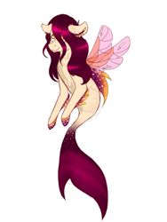 Size: 768x1024 | Tagged: safe, artist:delfinaluther, imported from derpibooru, oc, oc only, pony, seapony (g4), unicorn, clothes, dorsal fin, fin wings, fins, fish tail, flowing tail, looking up, orange eyes, red mane, seaponified, see-through, simple background, smiling, solo, species swap, tail, white background, wings