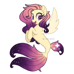 Size: 1280x1280 | Tagged: safe, artist:jurinep, imported from derpibooru, oc, oc only, pegasus, pony, seapony (g4), dorsal fin, ethereal mane, female, fin wings, fish tail, flowing tail, open mouth, open smile, purple eyes, purple mane, seaponified, simple background, smiling, solo, sparkles, species swap, starry mane, tail, white background, wings