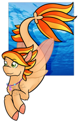 Size: 1157x1778 | Tagged: safe, artist:spitfire-sos, imported from derpibooru, oc, oc only, pegasus, pony, seapony (g4), commission, digital art, dorsal fin, fin wings, fins, fish tail, flowing tail, green eyes, jewelry, logo, necklace, photo, seaponified, simple background, smiling, solo, species swap, tail, transparent background, underwater, water, wings