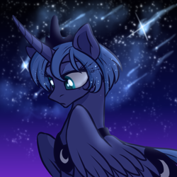 Size: 2000x2000 | Tagged: safe, artist:not-ordinary-pony, derpibooru exclusive, imported from derpibooru, princess luna, alicorn, pony, alternate hairstyle, eye clipping through hair, female, high res, mare, night, s1 luna, short mane, solo, stars