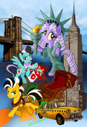 Size: 2026x2961 | Tagged: safe, artist:tygerbug, imported from derpibooru, oc, pony, bag, big apple ponycon, bowtie, brooklyn bridge, empire state building, female, high res, male, new york city, poster, shopping bag, statue of liberty, taxi