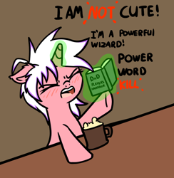 Size: 848x870 | Tagged: safe, artist:neuro, imported from derpibooru, oc, oc only, pony, unicorn, blushing, eyes closed, glowing horn, horn, i'm not cute, levitation, magic, mug, open mouth, solo, telekinesis