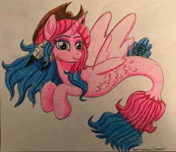 Size: 2630x2281 | Tagged: safe, artist:bozzerkazooers, imported from derpibooru, oc, oc only, alicorn, pony, seapony (g4), alicorn oc, blue eyes, dorsal fin, eyelashes, feather, female, fin wings, fish tail, flowing mane, hat, high res, horn, multicolored hair, seaponified, simple background, smiling, solo, species swap, tail, white background, wings