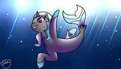 Size: 3248x1846 | Tagged: safe, artist:tigerdc, imported from derpibooru, oc, oc only, pony, seapony (g4), unicorn, bubble, crepuscular rays, dorsal fin, fins, fish tail, flowing tail, horn, logo, ocean, purple eyes, seaponified, smiling, solo, species swap, sunlight, swimming, tail, underwater, water