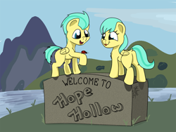 Size: 1600x1201 | Tagged: safe, artist:agent-diego, imported from derpibooru, barley barrel, pickle barrel, insect, ladybug, pegasus, pony, rainbow roadtrip, barrel twins, barrelbetes, brother and sister, colt, cute, female, filly, hope hollow, male, mountain, river, siblings, sky, tongue out, twins