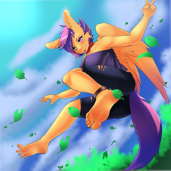 Size: 3000x3000 | Tagged: safe, artist:artsenravenbrave, imported from derpibooru, scootaloo, anthro, pegasus, anklet, ass, barefoot, butt, clothes, feet, female, fetish, foot fetish, high res, jeans, jewelry, leaf, leaves, older, older scootaloo, pants, peace sign, ripped jeans, ripped pants, scarf, soles, solo, tongue out, torn clothes, tube top