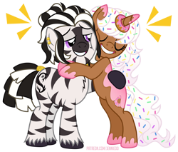 Size: 1200x1022 | Tagged: safe, artist:jennieoo, imported from derpibooru, oc, oc:adrianee, oc:donut daydream, pony, unicorn, zebra, adream, donut, food, happy, hug, show accurate, simple background, smiling, sprinkles, transparent background, vector