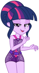 Size: 1024x1916 | Tagged: safe, artist:emeraldblast63, imported from derpibooru, twilight sparkle, alicorn, human, equestria girls, equestria girls series, forgotten friendship, alternate hairstyle, bare shoulders, bedroom eyes, clothes, open mouth, open smile, simple background, sleeveless, smiling, solo, swimsuit, transparent background, twilight sparkle (alicorn), vector