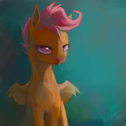 Size: 2000x2000 | Tagged: safe, artist:baccizoof, imported from derpibooru, scootaloo, pegasus, pony, blood, high res, nosebleed, solo, wings