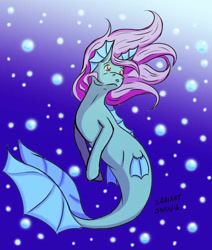 Size: 600x709 | Tagged: safe, artist:tigerpixie16, imported from derpibooru, oc, oc only, merpony, sea pony, seapony (g4), bubble, crepuscular rays, fins, fish tail, flowing mane, looking up, ocean, open mouth, pink mane, signature, solo, sunlight, tail, underwater, water, yellow eyes