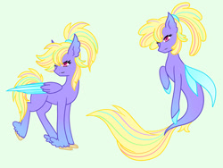 Size: 1280x960 | Tagged: safe, artist:ocean-drop, imported from derpibooru, oc, oc only, classical hippogriff, hippogriff, seapony (g4), dorsal fin, feather, fin wings, fins, flowing tail, interspecies offspring, magical lesbian spawn, offspring, parent:princess skystar, parent:rainbow dash, pink eyes, simple background, solo, tail, wings, yellow mane