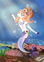 Size: 2059x2912 | Tagged: safe, artist:witchykittyarts, imported from derpibooru, oc, oc only, merpony, bubble, crepuscular rays, dorsal fin, female, fins, fish tail, flower, flower in hair, flowing tail, green eyes, high res, looking up, ocean, open mouth, solo, sunlight, tail, underwater, water