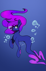 Size: 540x831 | Tagged: safe, artist:calla--lily, imported from derpibooru, oc, oc only, merpony, pony, seapony (g4), unicorn, bubble, crepuscular rays, deviantart watermark, female, fins, fish tail, flowing mane, looking at you, obtrusive watermark, ocean, purple mane, redraw, seaponified, signature, simple background, smiling, solo, species swap, tail, underwater, water, watermark