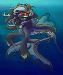 Size: 1600x1900 | Tagged: safe, artist:sketchytwi, imported from derpibooru, oc, oc only, merpony, seapony (g4), crepuscular rays, dorsal fin, fish tail, flowing mane, flowing tail, glowing eyes, grin, looking at you, ocean, red eyes, smiling, solo, sunlight, swimming, tail, teeth, underwater, unshorn fetlocks, water