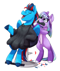 Size: 2634x3134 | Tagged: safe, artist:luximus17, imported from derpibooru, oc, oc only, oc:andrew swiftwing, oc:pizazz, pegasus, chair, clothes, comb, glasses, haircut, high res, mane styling, scarf