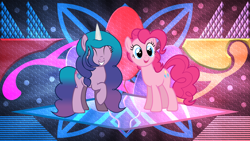 Size: 3840x2160 | Tagged: safe, artist:estories, artist:laszlvfx, edit, imported from derpibooru, izzy moonbow, pinkie pie, pony, g5, high res, izzy and her heroine, the new pinkie pie, wallpaper, wallpaper edit