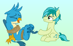 Size: 2700x1699 | Tagged: safe, artist:jeannedu30, artist:lulow, imported from derpibooru, gallus, sandbar, earth pony, griffon, bondage, feather, fetish, gallbar, gay, griffon x pony, interspecies, laughing, male, males only, paw fetish, paw pads, paws, redone, remake, rope, rope bondage, shipping, smiling, smirk, tickle fetish, tickle torture, tickling, tied up, toes, underpaw