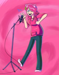 Size: 792x1005 | Tagged: safe, artist:kyle labriola, imported from derpibooru, pinkie pie, human, equestria girls, brittany lauda, clothes, cosplay, costume, facebook, humanized, jewelry, microphone, necklace, open mouth, open smile, pearl necklace, smiling, socks, stocking feet