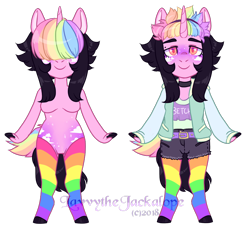 Size: 800x720 | Tagged: safe, artist:lavvythejackalope, imported from derpibooru, oc, oc only, oc:drowsy dew, anthro, unguligrade anthro, unicorn, base used, breasts, choker, clothes, ear fluff, featureless breasts, female, hair over eyes, horn, multicolored hair, rainbow hair, rainbow socks, shorts, simple background, smiling, socks, striped socks, transparent background, unicorn oc