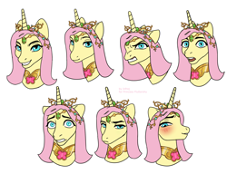 Size: 3616x2771 | Tagged: safe, alternate version, artist:infrej, imported from derpibooru, fluttershy, oc, oc only, oc:princess fluttershy, alicorn, pony, alicorn oc, alicornified, alternate character design, alternate design, alternate hairstyle, alternate universe, au:friendship is kindness, bust, commission, element of kindness, emoticon, female, fluttercorn, high res, horn, jewelry, mare, princess fluttershy, race swap, solo, tiara, wings, ych result