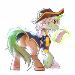 Size: 2048x2048 | Tagged: safe, artist:swaybat, imported from derpibooru, oc, oc only, pony, unicorn, bandage, boots, glowing horn, hat, high res, horn, magic, shoes, simple background, solo, sword, telekinesis, weapon, white background