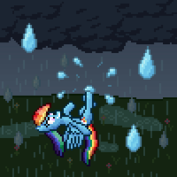 Size: 600x600 | Tagged: safe, artist:nitobit, imported from derpibooru, part of a set, rainbow dash, pegasus, pony, cloud, cloudy, dark clouds, female, flying, kicking, mare, micro, pixel art, puddle, rain, smiling, wet, wet mane