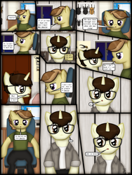 Size: 1750x2333 | Tagged: safe, artist:99999999000, imported from derpibooru, oc, oc only, oc:cwe, oc:zhang cathy, earth pony, pony, comic:visit, chair, clothes, comic, computer, female, glasses, male