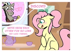 Size: 4096x2963 | Tagged: safe, artist:jellysiek, imported from derpibooru, discord, fluttershy, draconequus, pegasus, pony, blushing, comic, cup, dialogue, discoshy, female, high res, male, misspelling, shipping, shy, straight, teacup