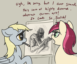 Size: 2868x2388 | Tagged: safe, artist:t72b, imported from derpibooru, derpy hooves, roseluck, earth pony, pegasus, pony, wendigo, dialogue, drawing, female, gollum, high res, horse puns, mare, mouth hold, open mouth, pencil, pun, simple background, sketch, text