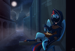 Size: 3640x2500 | Tagged: safe, artist:probablyfakeblonde, imported from derpibooru, oc, oc only, oc:andrew swiftwing, pegasus, alley, alleyway, bits, clothes, fantasy class, gold, high res, hood, mask, moon, night, rogue, wings