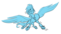 Size: 2296x1270 | Tagged: safe, artist:probablyfakeblonde, imported from derpibooru, oc, oc only, oc:andrew swiftwing, pegasus, helmet, nervous, roller skates, sketch, spread wings, wings