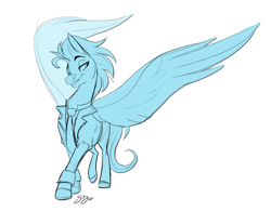 Size: 1911x1493 | Tagged: safe, artist:probablyfakeblonde, imported from derpibooru, oc, oc only, oc:andrew swiftwing, pegasus, clothes, grin, male, necktie, sketch, smiling, spread wings, stallion, suit, wings
