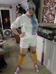 Size: 240x320 | Tagged: safe, imported from derpibooru, princess celestia, human, clothes, converse, cosplay, costume, hand on hip, irl, irl human, photo, picture for breezies, shoes, shorts, sneakers