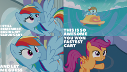 Size: 1280x720 | Tagged: safe, edit, edited screencap, editor:quoterific, imported from derpibooru, screencap, rainbow dash, scootaloo, pegasus, pony, season 6, the cart before the ponies, cart, female, filly, flying, goggles, mare, open mouth, smiling