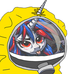 Size: 620x616 | Tagged: safe, imported from derpibooru, oc, oc:snowi, unicorn, blue hair, female, gas mask, hazmat suit, head, horn, horn impalement, mare, mask, protective suit, red and blue, red eyes, red hair, siut, tongue out, yellow suit