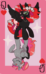 Size: 1122x1797 | Tagged: safe, artist:memorizor, imported from derpibooru, oc, oc only, alicorn, pegasus, pony, black coat, commission, flower, flower in hair, gray coat, heart, jewelry, playing card, queen, red mane, reflection, two sides