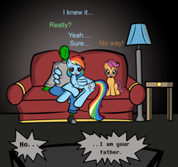 Size: 2550x2392 | Tagged: safe, artist:vareb, imported from derpibooru, rainbow dash, scootaloo, oc, oc:anon, human, pegasus, pony, couch, cute, high res, hug, lamp, movie night, star wars, table, television, text, wholesome, winghug, wings